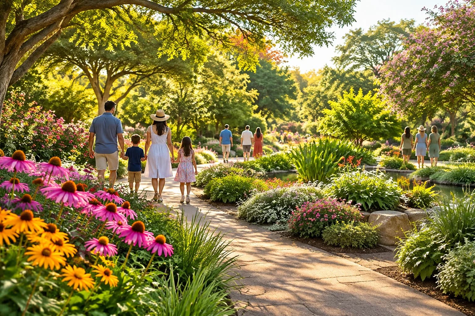 Editorial illustration of lush botanical garden setting, colorful flowers and attractive planting, lush greenery and landscaped outdoor areas