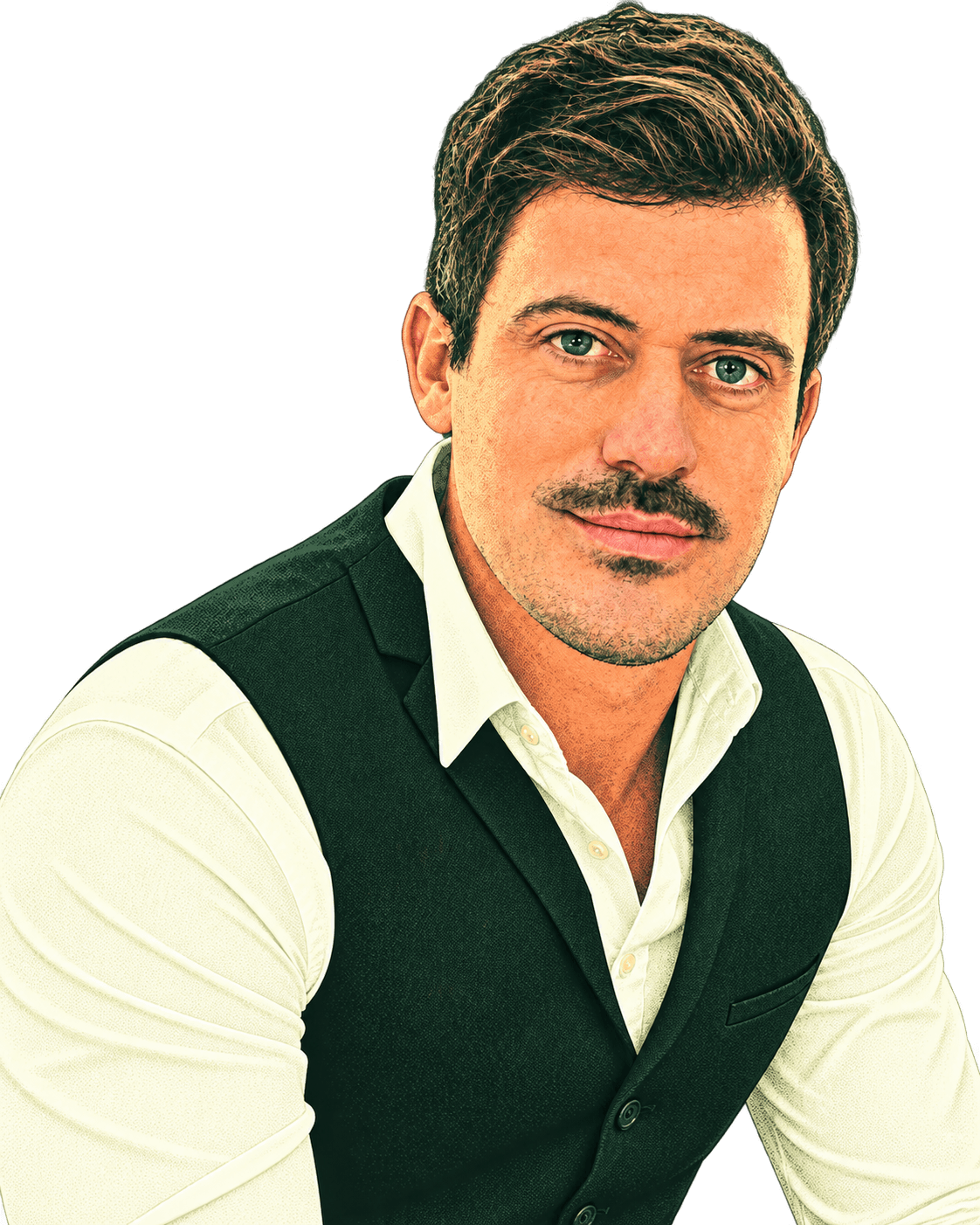 Editorial portrait of Jason in a white shirt and dark vest