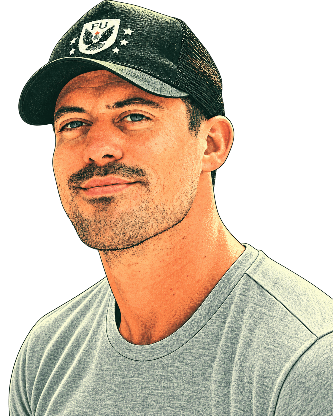 Illustrated portrait of Jason wearing a ball cap